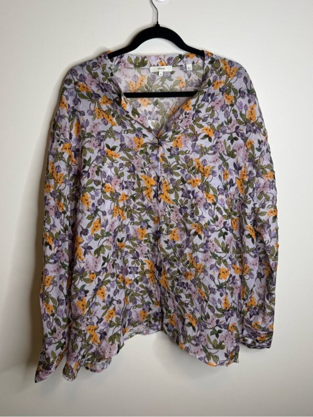 Vince Lavender Floral V-Neck Blouse with Yellow Blooms